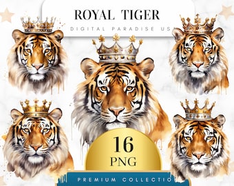 Set of 16, Royal Tiger Clipart, Tiger PNG, Jungle Animal, Tiger Art, Animal Clipart, Watercolor Tiger, Sublimation PNG, Digital Download