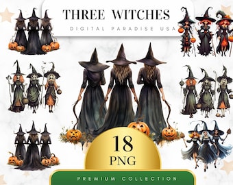 Set of 18, Watercolor Three Witches Clipart, Witch PNG, Halloween Clipart, Witchcraft Art, Halloween Decor, Sublimation PNG,Digital Download