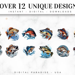Conjunto de 12 imágenes prediseñadas de lubina, imágenes prediseñadas de peces, imágenes PNG de peces, imágenes prediseñadas de pesca, imágenes prediseñadas de vida en el lago, criaturas marinas, imágenes PNG de sublimación, descarga digital imagen 2