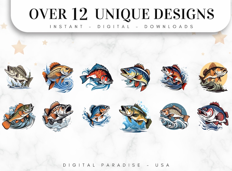 Conjunto de 12 imágenes prediseñadas de lubina, imágenes prediseñadas de peces, imágenes PNG de peces, imágenes prediseñadas de pesca, imágenes prediseñadas de vida en el lago, criaturas marinas, imágenes PNG de sublimación, descarga digital imagen 2