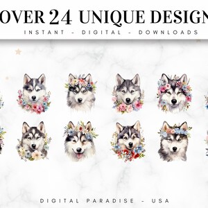 Set di 24, Clipart floreali di husky siberiano, PNG di husky, Clipart di husky, Arte floreale di cani, Animali floreali in formato PNG, PNG a sublimazione, Download digitale immagine 2