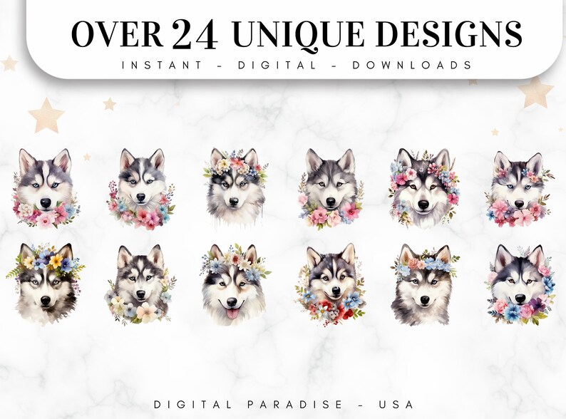 Set di 24, Clipart floreali di husky siberiano, PNG di husky, Clipart di husky, Arte floreale di cani, Animali floreali in formato PNG, PNG a sublimazione, Download digitale immagine 2