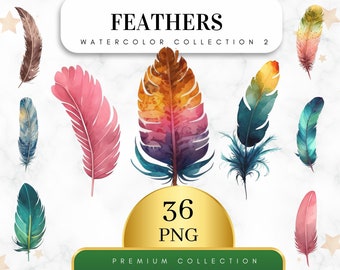 Könnte beinhalten: Eine Sammlung von 36 Aquarellfedern in verschiedenen Farben, darunter Pink, Blau, Grün und Orange. Die Federn sind in einem Kreis angeordnet, mit dem Text "FEATHERS WATERCOLOR COLLECTION 2" und "36 PNG PREMIUM COLLECTION" oben und unten im Bild.