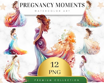 Set of 12, Baby Shower Clipart, Pregnancy Clipart, Pregnant Women Clipart, Fashion Girl Clipart, Digital Pregnancy Planner, Digital Download