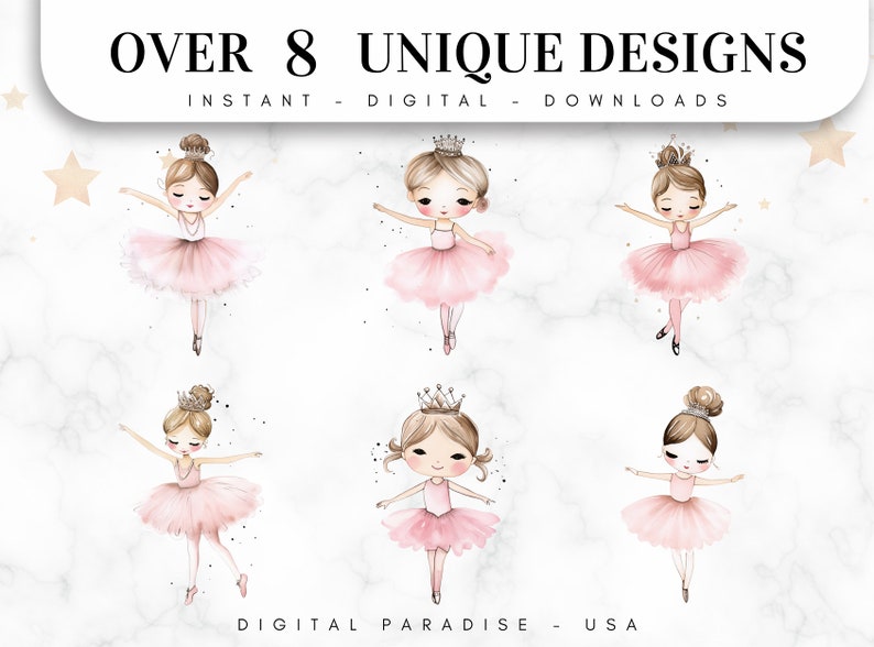 May include: Set of eight digital illustrations of ballerinas wearing pink tutus and crowns. The ballerinas have brown hair and are drawn in a watercolor style.