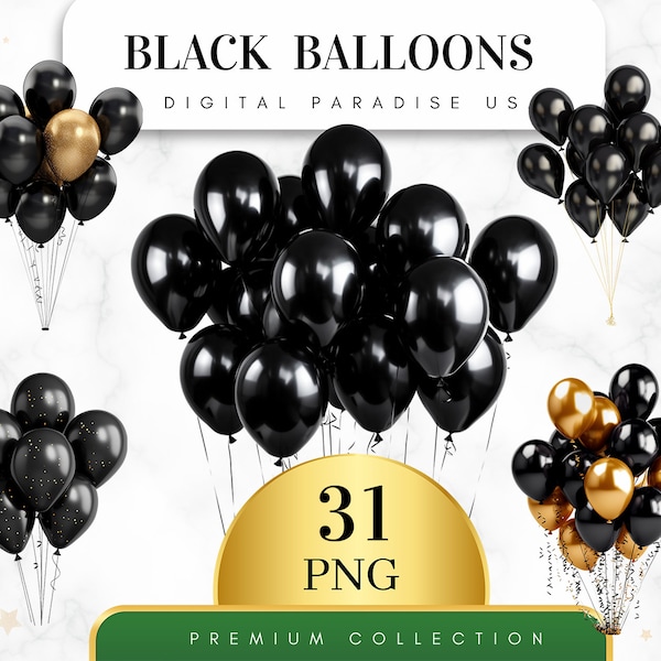 Set of 31, Black Balloons Clipart, Birthday Party Decorations, Balloon PNG, Balloon Bundle, Nursery Clipart, Sublimation, Digital Download