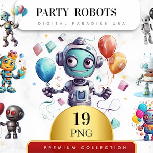 Set of 19, Party Robots Clipart, Robot PNG, Birthday Clipart, Robot Bundle, Party Clipart, Scrapbook PNG, Sublimation PNG, Digital Download