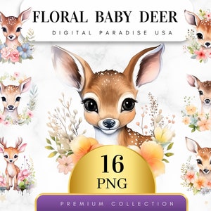 Set of 16, Watercolor Floral Baby Deer Clipart, Deer Clipart, Baby Deer PNG, Floral Animal, Baby Shower Clipart, Sublimation PNG,Digital PNG