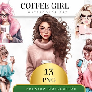 Set di 13, clipart di ragazza con caffè ad acquerello, clipart di ragazza alla moda, clipart di donna in carriera, ragazza PNG, clipart di donna in carriera, clipart di moda, PNG digitale