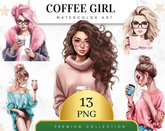 Set of 13, Watercolor Coffee Girl Clipart, Fashion Girl Clipart, Lady Boss Clipart, Girl Png, Girl Boss Clipart, Fashion Clipart,Digital Png