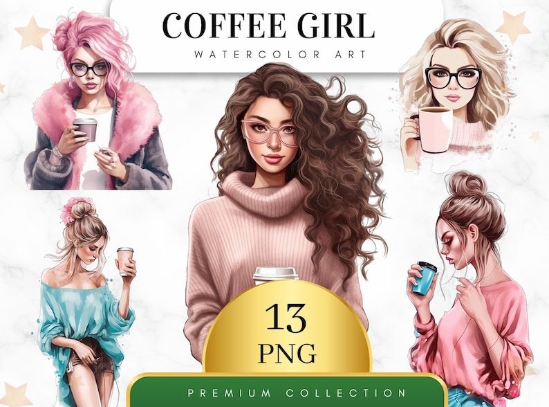 Set of 13, Watercolor Coffee Girl Clipart, Fashion Girl Clipart, Lady Boss Clipart, Girl Png, Girl Boss Clipart, Fashion Clipart,Digital Png image 1