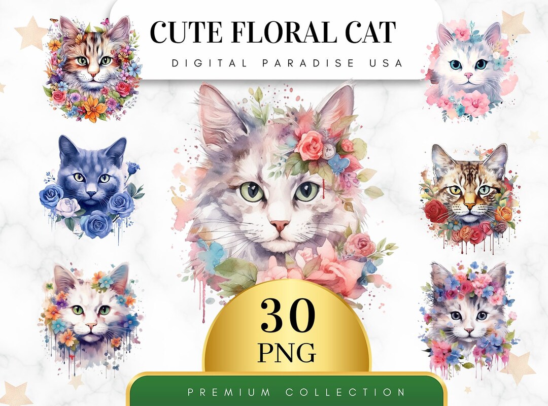 Set of 30, Cute Floral Cat Clipart, Floral Cat PNG, Flower Cat Clipart ...