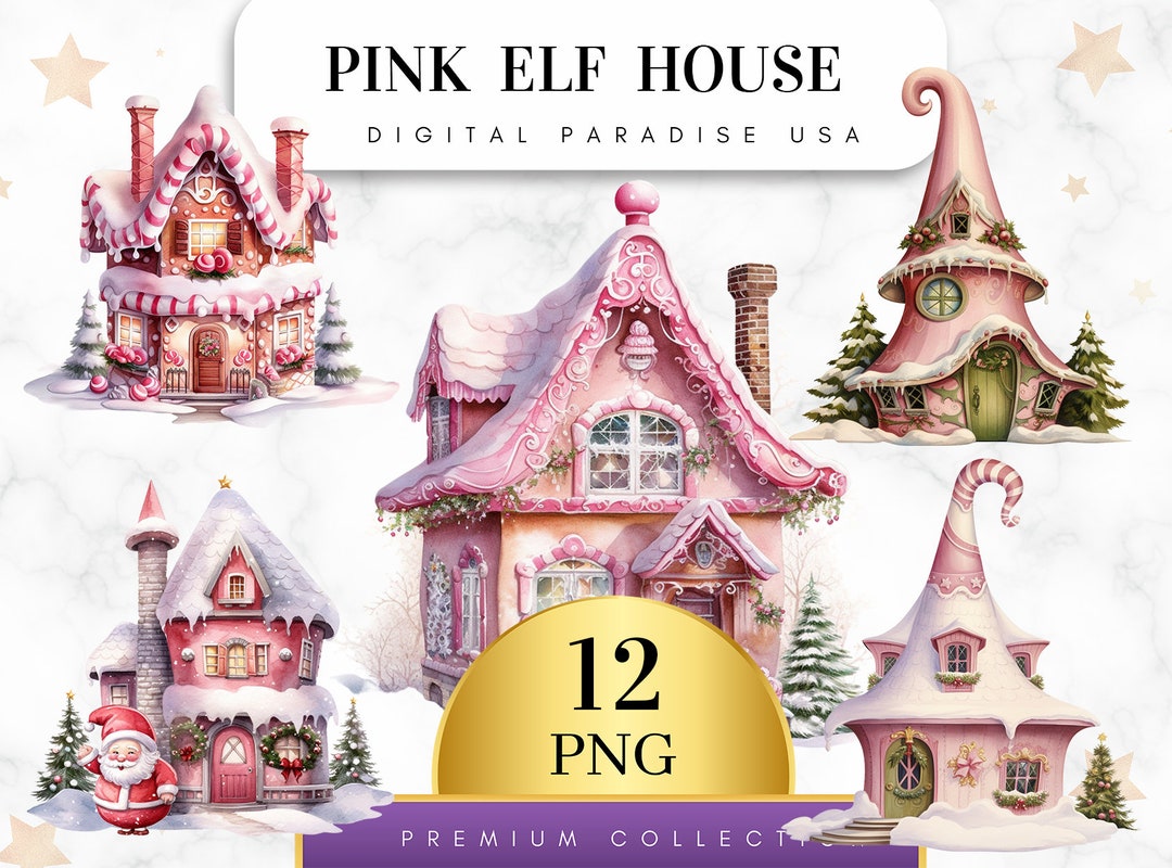Elf House Graphics Set of 12, Pink Elf House Clipart, Elf House PNG, Pink House Clipart ...