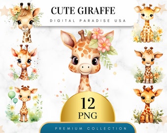 Set med 12, söt giraff clipart, giraff PNG, baby djur clipart, safari barnkammardekor, djungeldjur, sublimering PNG, digital nedladdning