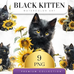 Set di 9, Clipart di gattini neri acquerellati, Gattini floreali carini con girasoli, Gattino carino PNG, Gatto PNG, Gattini primaverili PNG, PNG digitale