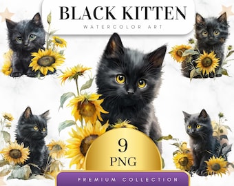 Set of 9, Watercolor Black kittens Clipart, Cute floral kittens with Sunflowers, Cute Kitten Png, Cat PNG, Spring kittens PNG, Digital PNG