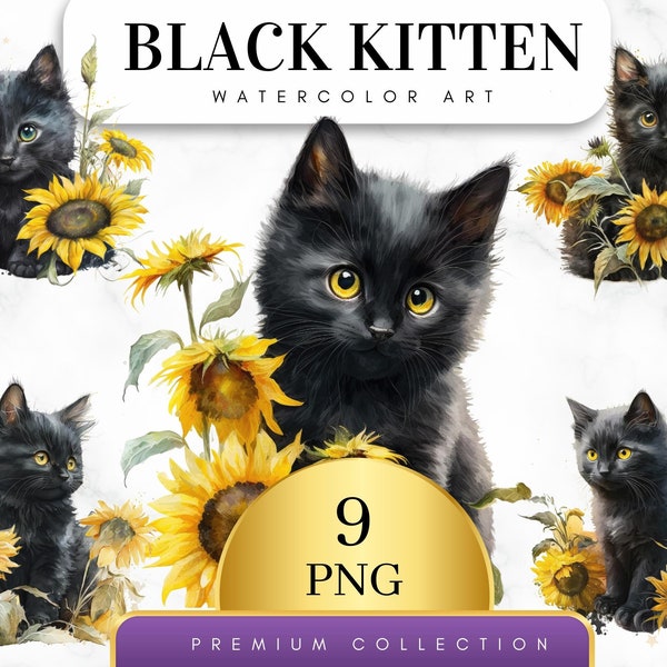 Satz von 9, Aquarell schwarze Kätzchen Clipart, niedliche florale Kätzchen mit Sonnenblumen, süßes Kätzchen Png, Katzen PNG, Frühlingskätzchen PNG, digitales PNG