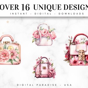 Set of 16, Watercolor Bag of Beauty Clipart, Fashion Bags clipart, Handbag clip Art, Floral Purse Png, Vintage Purse Clipart, Digital Png image 2