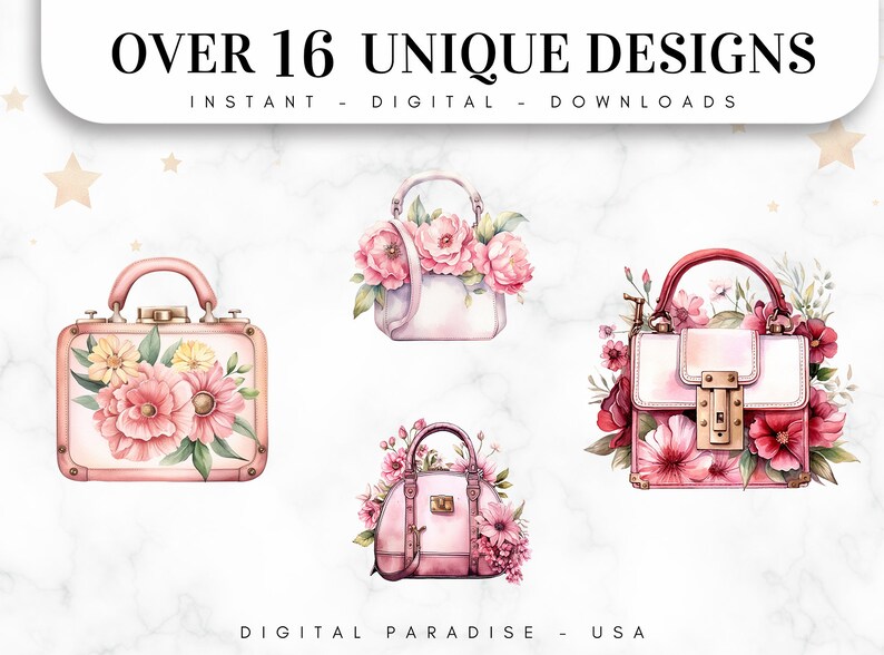 Set of 16, Watercolor Bag of Beauty Clipart, Fashion Bags clipart, Handbag clip Art, Floral Purse Png, Vintage Purse Clipart, Digital Png image 2