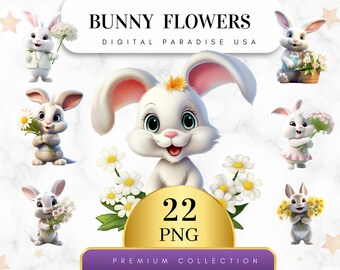 Set of 22, Watercolor Bunny Flowers Clipart, Bunny Clipart, Floral Bunny Art, Sublimation Png, Digital Download, Easter Clipart, Bunny PNG