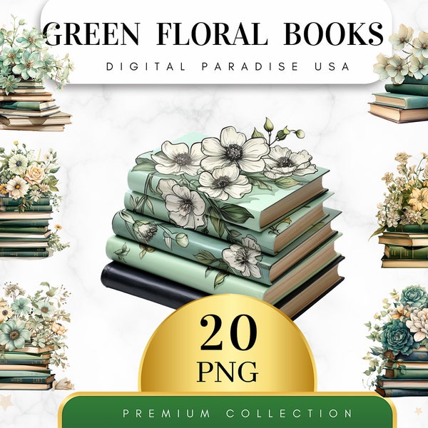 Set of 20, Green Floral Books Clipart, Floral Clipart, Books PNG, Vintage Books, Digital Books, Scrapbook, Sublimation PNG, Digital Download