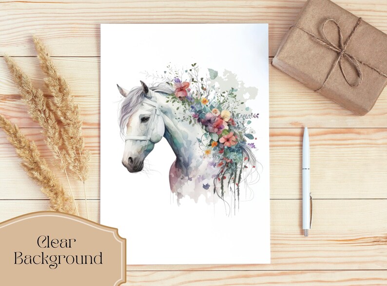 Set of 23, Watercolor Floral Horse Art, Floral Horse Clipart, Watercolor Horse Png, Card Making, Mixed Media, Floral Horse Svg, Digital PNG image 3