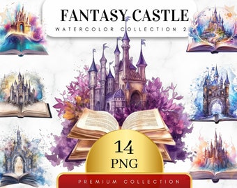 Conjunto de 14, Castillo de fantasía en acuarela, Clipart de fantasía oscura, Castillo de fantasía PNG, Castillo de cuento de hadas, Gráfico medieval, Arte de castillo, PNG digital