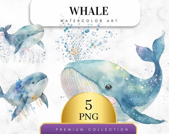 Set of 5, Watercolor Whale, Whale Clipart, Whale PNG, Whale Bundle, Whale Art, Boho Whale,Card Making, Clip Art, Whale Print, Digital PNG