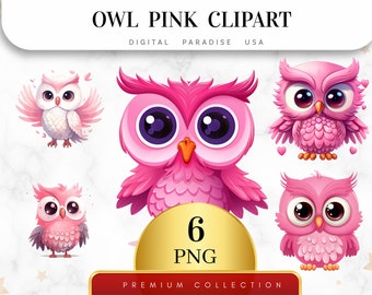 Set von 6, Eule rosa Clipart, Eule PNG, rosa Vogel Clipart, Aquarell Eule, Eule Kunst, Junk Journal, Vögel PNG, Sublimation PNG, digitaler Download