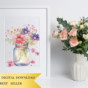 May include: Watercolor painting of a bouquet of pink, purple, and white flowers in a clear glass jar with a pink ribbon. The flowers are arranged in a vase on a white background.