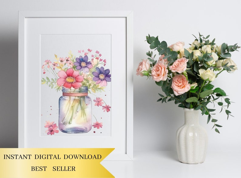 May include: Watercolor painting of a bouquet of pink, purple, and white flowers in a clear glass jar with a pink ribbon. The flowers are arranged in a vase on a white background.