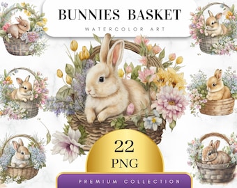 Set of 22, Watercolor Bunnies in Basket, Bunny PNG, Bunny Basket Png, Animals Clipart, Bunny Clipart, Printable Bunnies Art, Digital Png