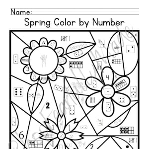 May include: A black and white printable coloring page featuring a spring-themed design with flowers and leaves. The page is divided into sections, each with a number and a corresponding domino image. The instructions are to color each section according to the number on the domino.