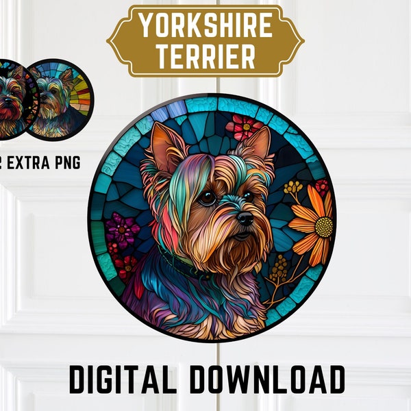 Yorkshire Terrier Faux Stained Glass - Yorkie Door Hanger Design French Bulldog Sublimation Door Hanger -Yorkshire PNG Digital Download