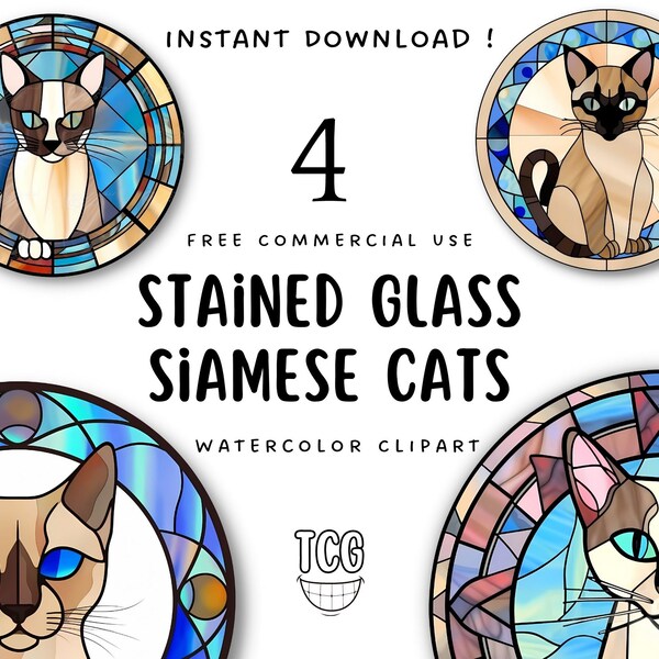 Stained Glass Siamese Cat PNG Clipart Siamese Cat Watercolor Stained Glass PNG Cat Sublimation Design Printable Cat Digital Download Cat Art