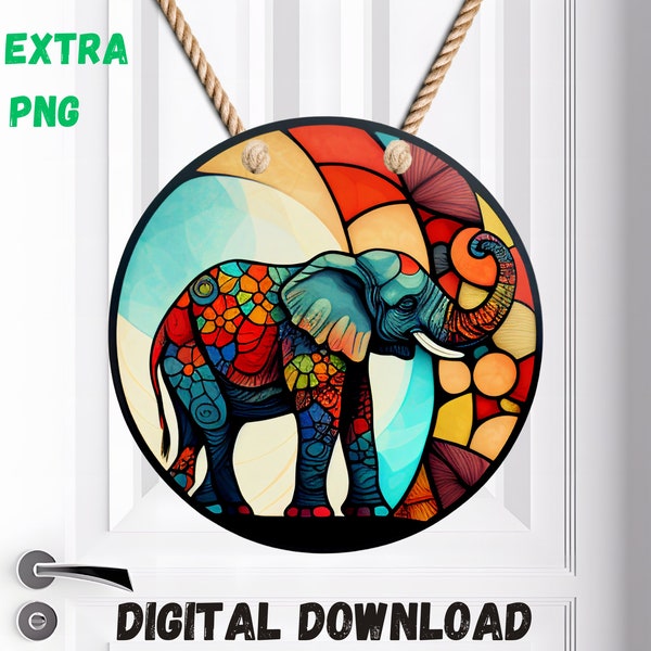 Elephant Faux Stained Glass - Elephant Round Door Hanger Design Elephant Sublimation Door Hanger - Elephant PNG Digital Download