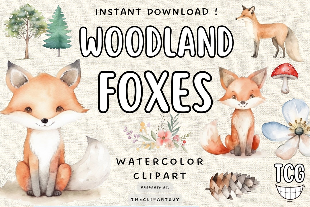 Woodland Baby Foxes Watercolor Fox Clipart Nursery Decor Baby Shower ...