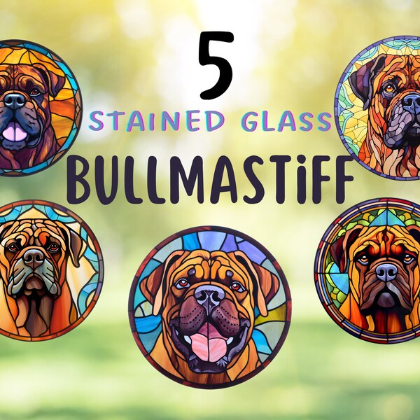 Stunning Stained Glass Bullmastiff Dog Clipart - 5 PNGs for Crafts, Scrapbooks and More - Dog gift for Mom Puppy Bullmastiff Cute Pet