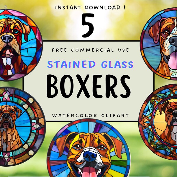 5 Stained Glass Boxer Dog PNG Clipart - Boxer Dog Stained Glass Fall Boxer Sublimation Printable Boxer Dog Digital Download