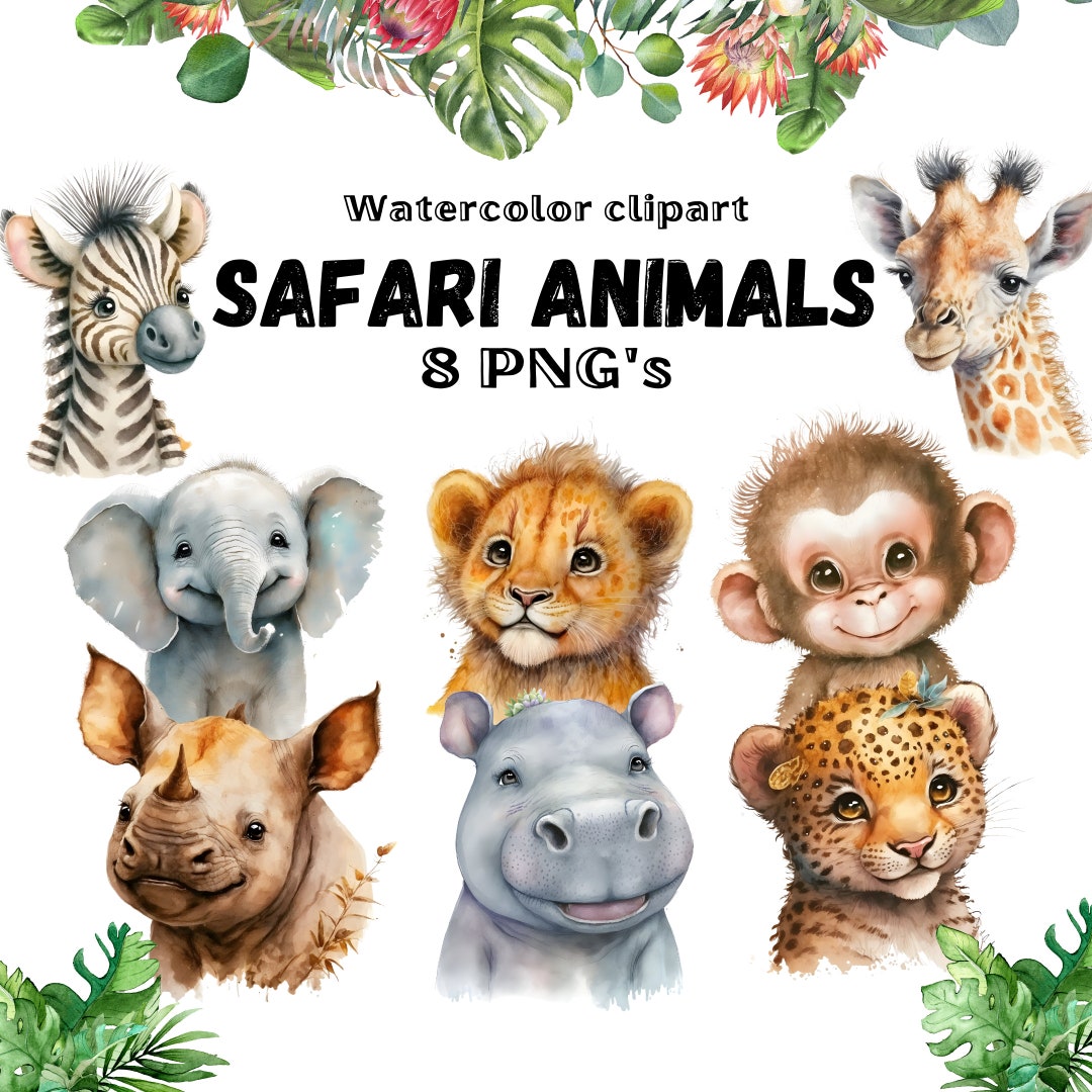 Set of 8 Safari Jungle Animal Watercolor Clipart Cute Baby Shower ...