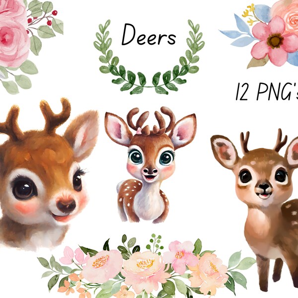 Deer Watercolor Clipart, Girl Baby Deer Clipart Forest Animals Clipart Deer Nursery Decor, Cute Deer Baby Shower Clip Art Woodland Deer PNG