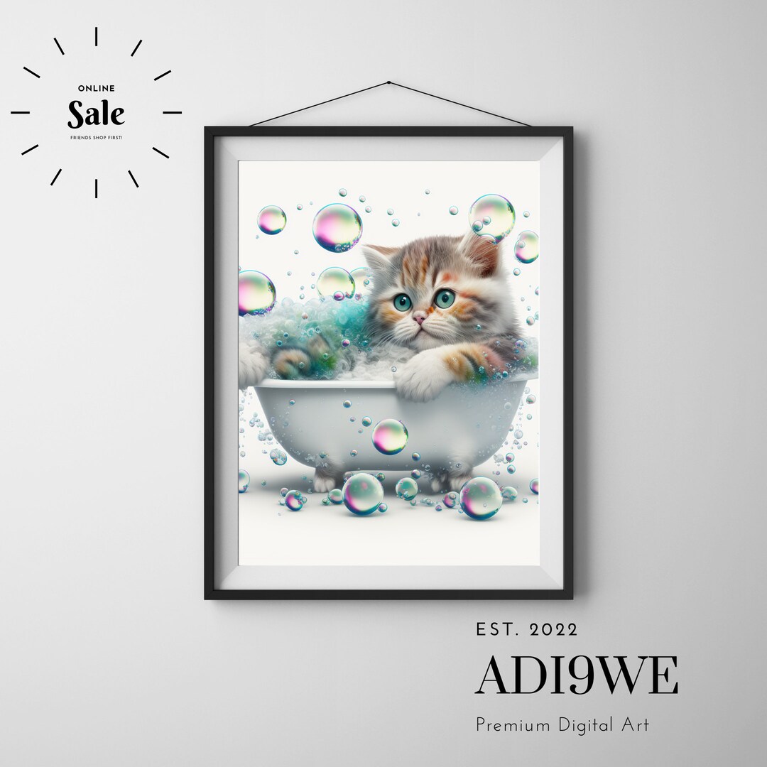 Funny Cat Taking a Bath. Baby Bubble Bath, Cat Art Print for a Playful Bathroom Decor, Toilet