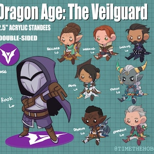 May include: A set of double-sided 6.35 cm acrylic standees featuring characters from Dragon Age: The Veilguard. The standees include Rook, Bellara, Harding, Lucanis, Neve, Trash, Davrin, and Emmrich, each with unique designs and colours. The background is a grid pattern.