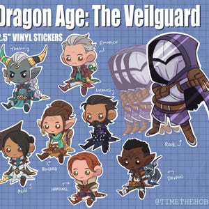 May include: A collection of 2.5-inch vinyl stickers showcasing chibi-style characters from "Dragon Age: The Veilguard." The stickers feature characters such as Taash, Emmrich, Lucanis, Rook, Davrin, Neve, Bellara, and Harding. The background is a light blue grid.
