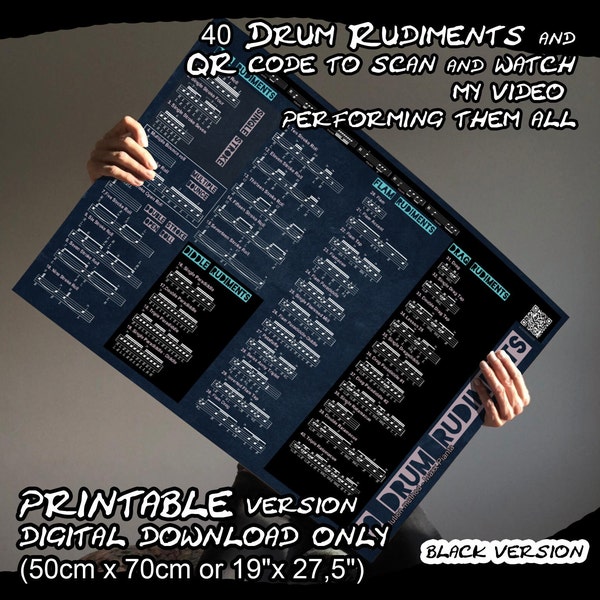 affiche des 40 rudiments en téléchargement numérique uniquement - affiche imprimable 50cmx70cm avec code QR pour scanner et regarder ma vidéo les exécutant tous BV