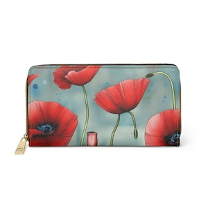 Cartera con cremallera floral, cartera de mujer, tarjetero, cartera botánica, regalo para ella, cartera con cremallera, diseño floral de amapola, diseño boho