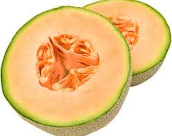 May include: Two halves of a cantaloupe melon, cut to reveal the orange flesh and seeds. The rind is green and the flesh is a vibrant orange color. The cantaloupe is a refreshing fruit.