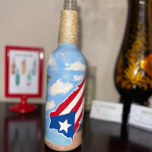 Custom Hand-Painted Bottle w/ Puerto Rico Flag and Beach