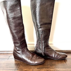 May include: A pair of brown leather knee-high boots with a snakeskin pattern. The boots have a pointed toe and a low heel.