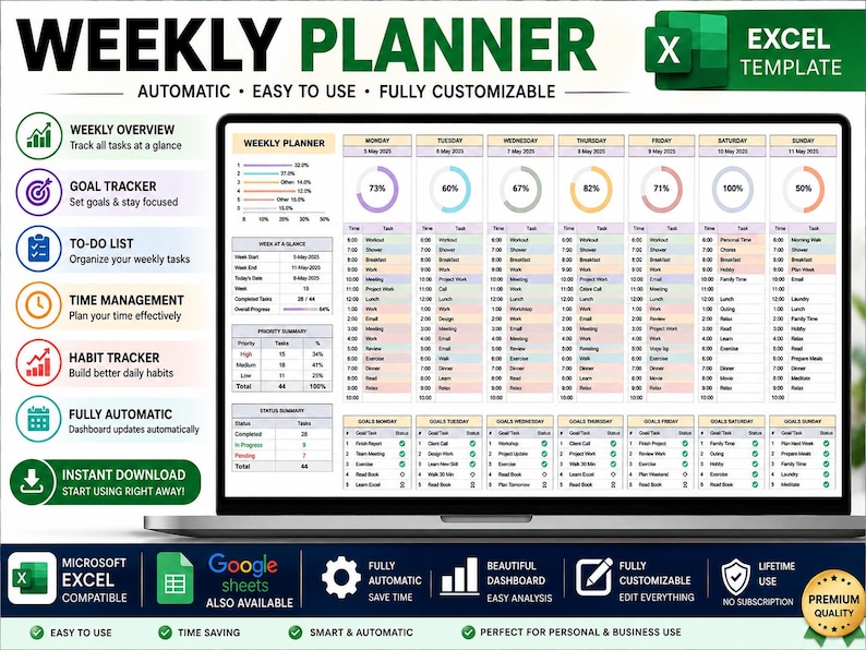 Weekly Planner Daily Task Tracker Spreadsheet Routine to Do List Habit ...